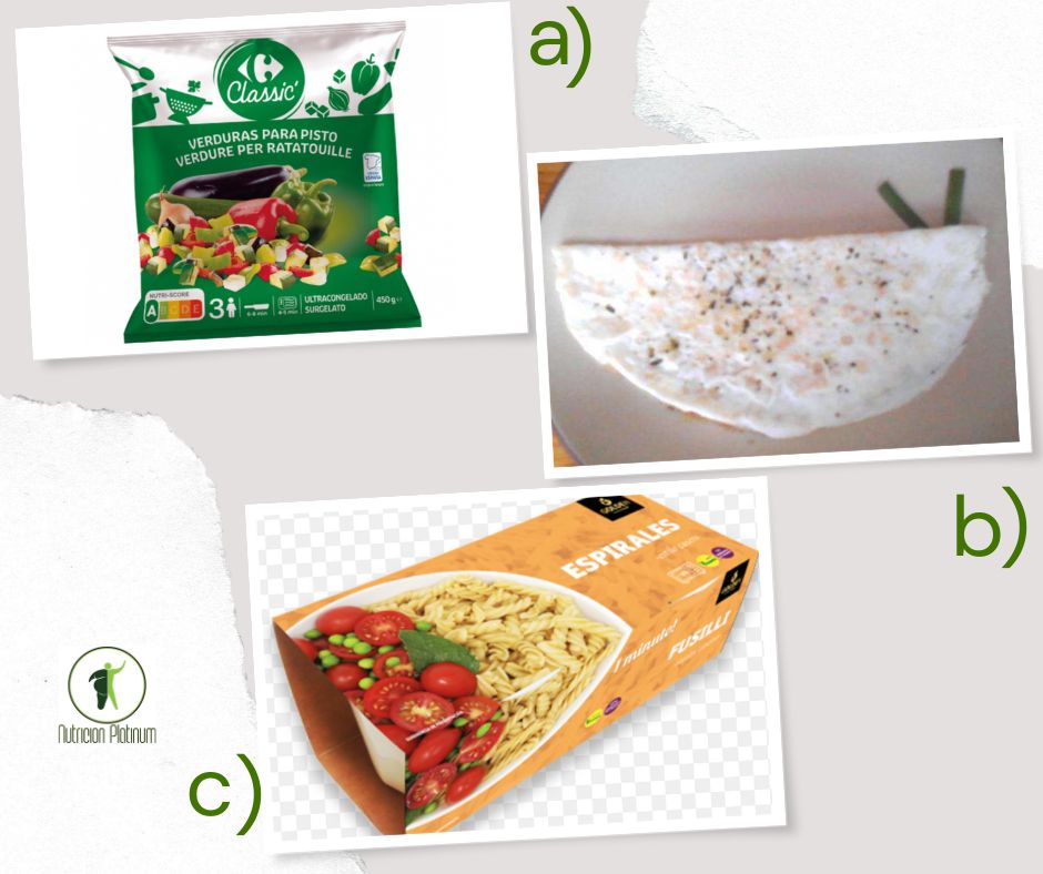 Pisto con tortilla francesa y vasito de espirales.